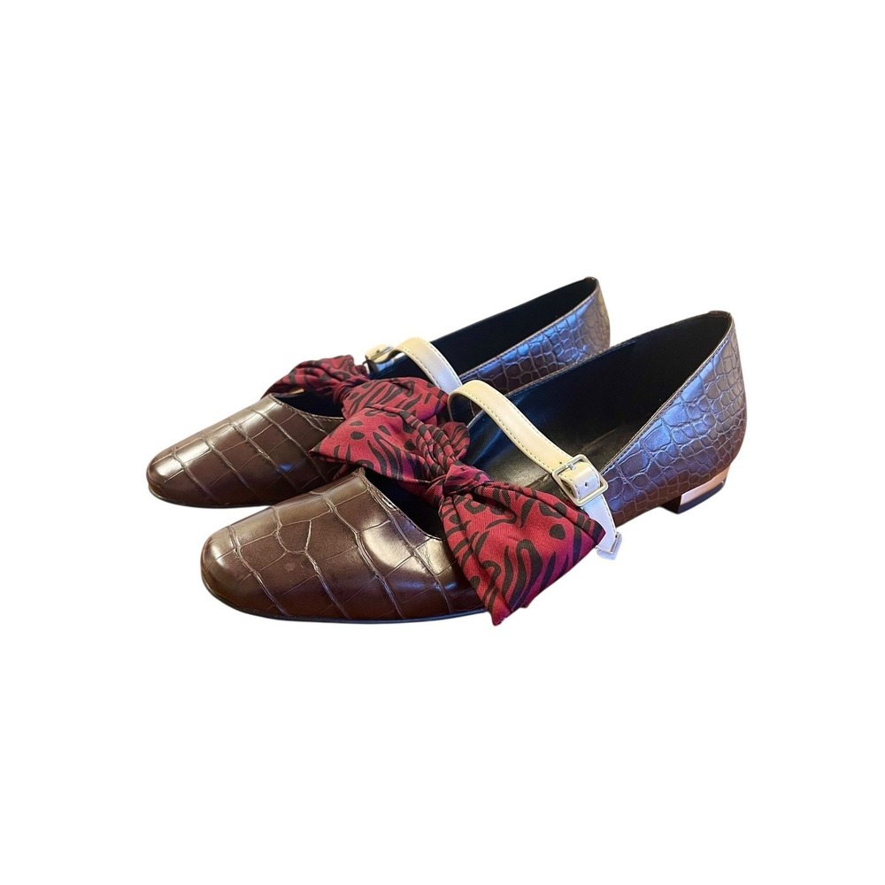 CHARLES KEITH Brown‎ Croc Embossed Mary Jane Flats Sz 38 7.5 Bow Shoes Loafers